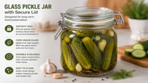 Glass pickle jar with secure lid designed for long-term food preservation
