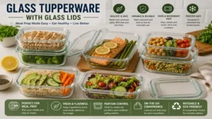Glass tupperware with glass lids used for meal prep with healthy foods and portion control
