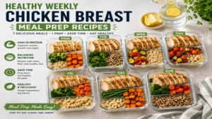 Healthy weekly chicken breast meal prep recipes prepared in containers for balanced meals throughout the week