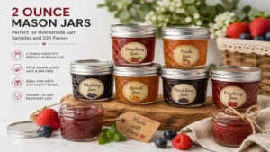 Small 2 ounce mason jars used for homemade jam samples and gift favors