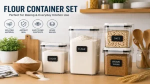 flour container set arranged on a kitchen countertop for convenient baking and everyday storage