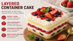 Layered container cake featuring sponge cake, cream, and fruit in a transparent container