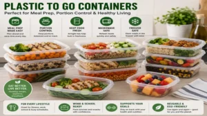 Plastic to go containers used for weekly meal prep and portion control