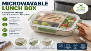 Microwavable lunch box with leakproof design featuring secure locking clips and a silicone seal to prevent spills.