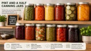 Pint and a half canning jars neatly stored with canned vegetables and fruits