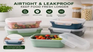 Leakproof silicone food containers featuring airtight lids to keep food fresh longer.