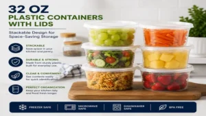 Stackable 32 oz plastic containers with lids for organized kitchen storage