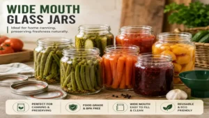 wide mouth glass jars prepared for home canning with preserved vegetables, fruits, and jam