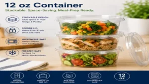 Stackable 12 oz container used for meal prep and portion control.
