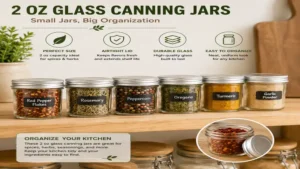 2 oz glass canning jars organized with spices on a kitchen shelf for easy access