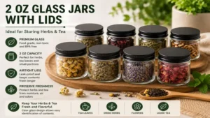 2 oz glass jars with lids storing dried herbs and loose tea while preserving freshness.
