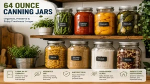 64 ounce canning jars neatly arranged on a kitchen shelf with preserved fruits, vegetables, and pantry staples.