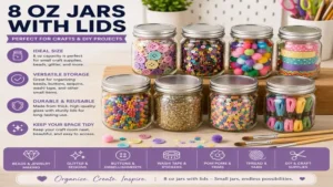 8 oz jars with lids neatly organize beads, glitter, buttons, and other DIY craft supplies.