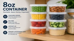 Stackable 8oz container arranged neatly for efficient kitchen storage