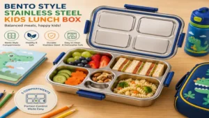 Bento style stainless steel kids lunch box with divided food sections