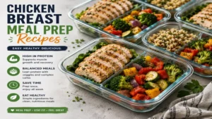 chicken breast meal prep recipes packed in lunch boxes with colorful vegetables and quinoa for healthy eating