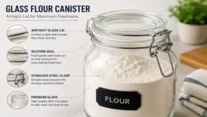 Close up view of a glass flour canister featuring an airtight lid and secure clasp