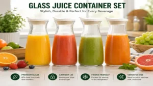 Glass juice container set with multiple juice varieties arranged on a kitchen counter