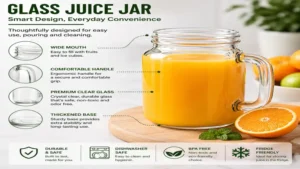 Glass juice jar featuring a wide-mouth design for easy pouring and cleaning