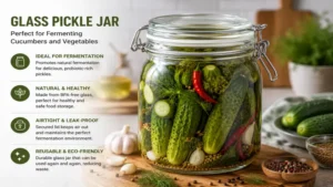 Glass pickle jar prepared for fermenting cucumbers and mixed vegetables