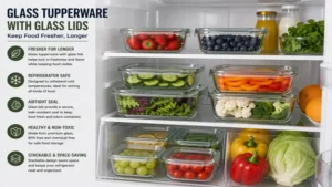 Glass tupperware with glass lids keeping fruits and vegetables fresh inside a refrigerator