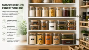 Modern kitchen pantry arranged with pantry glass food storage containers for easy access
