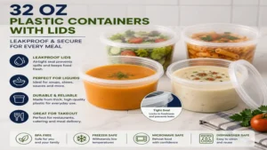 Leakproof 32 oz plastic containers with lids for soups, salads, and takeout meals