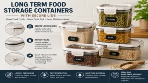 Long term food storage containers with secure lids to prevent moisture and pests