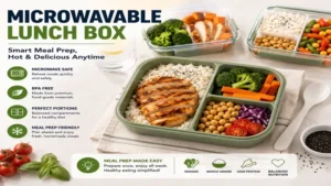 Microwavable lunch box prepared with balanced meal prep including lean protein, vegetables, and whole grains.