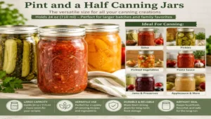 Pint and a half canning jars used for preserving salsa, pickles, jams, and sauces