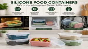Heat-resistant silicone food containers suitable for microwave, freezer, and dishwasher use.