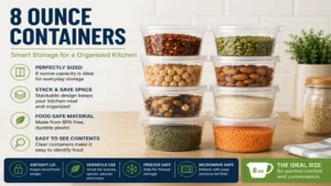 Small 8 ounce containers organized for kitchen food storage