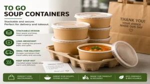 stacked to go soup containers prepared for food delivery orders