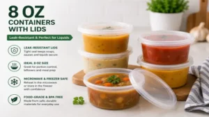 Leak-resistant 8 oz containers with lids holding soup and liquid foods safely