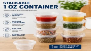 Stackable 1 oz container designed to save space in kitchen storage