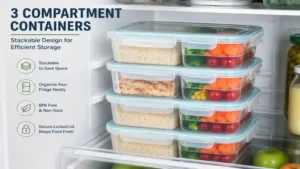 Stackable 3 compartment containers designed for efficient refrigerator storage