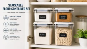 Stackable flour container set maximizing pantry space while keeping dry ingredients neatly organized