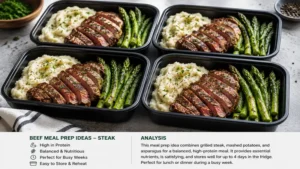 Grilled steak meal prep boxes showing beef meal prep ideas with asparagus and mashed potatoes
