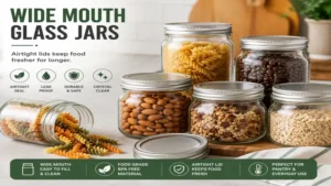 wide mouth glass jars with airtight lids that help keep food fresh for longer