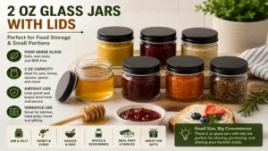 2 oz glass jars with lids used to store honey, jam, sauces, and small food portions.