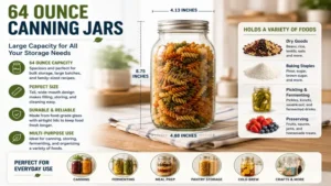 64 ounce canning jars showing their large storage capacity for meal prep, food preservation, and bulk storage.