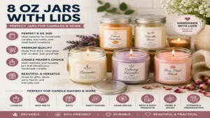 8 oz jars with lids used as stylish containers for homemade candles, gifts, and decorative projects.