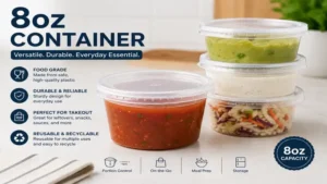 Durable plastic 8oz container suitable for takeout, leftovers, and food storage