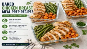 Baked chicken breast meal prep recipes served with sweet potatoes and green beans in meal prep containers
