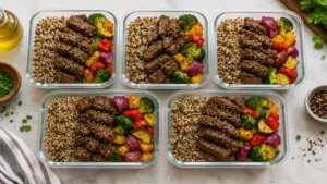 Colorful beef meal prep ideas with quinoa, lean beef, and mixed roasted vegetables