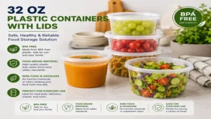 BPA-free 32 oz plastic containers with lids suitable for everyday food storage