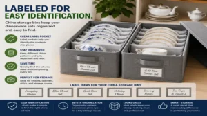 Labeled china storage bins for easy identification and organized dinnerware storage