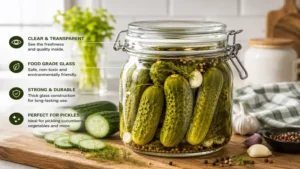 Clear glass pickle jar showing crunchy homemade pickles inside