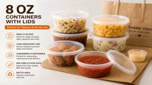 Disposable 8 oz containers with lids prepared for takeout and catering services