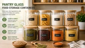 pantry glass food storage containers filled with grains, beans, and dry ingredients